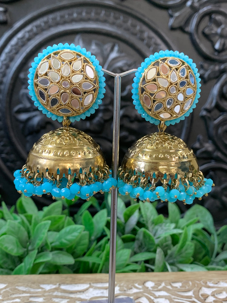 Kerry mirror jhumki tikka antique gold /phirozi blue