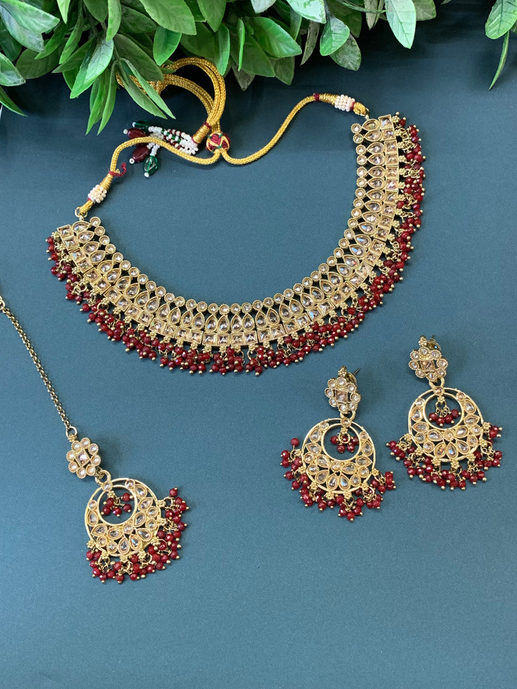 Rashmeet polki necklace with matching earring tikka antique gold red maroon burgundy