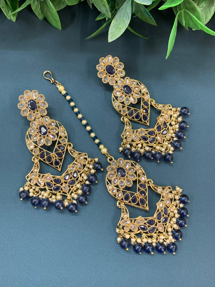 Max tikka set polki earring tikka antique gold / pearl /navy blue/royal blue