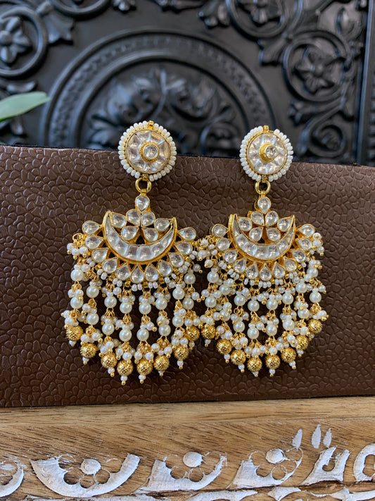 Leslie pachi Kundan chandbali earring small to medium size gold and pearl