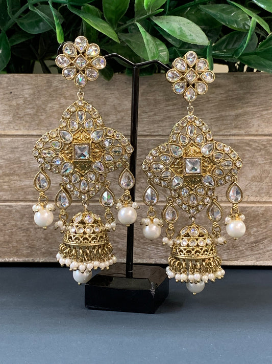 Katha polki jhumki earring antique polk/ gold / clear green