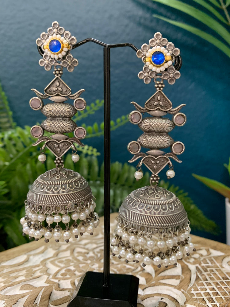 Silver replica statement  jhumki earring with pachi kundan details