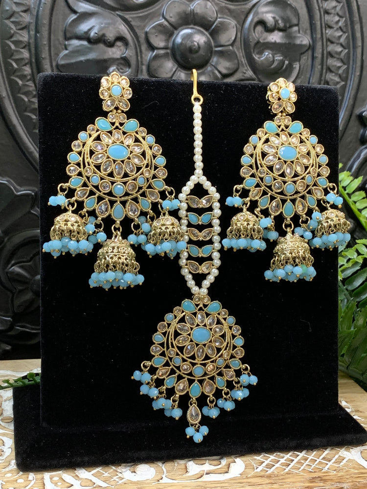 Kiana polki triple jhumki Chandbali style earring with matching tikka light blue