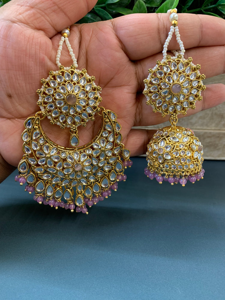 Zia traditional kundan jhumki with sahare and matching oversized tikka gold/lavender Lilac