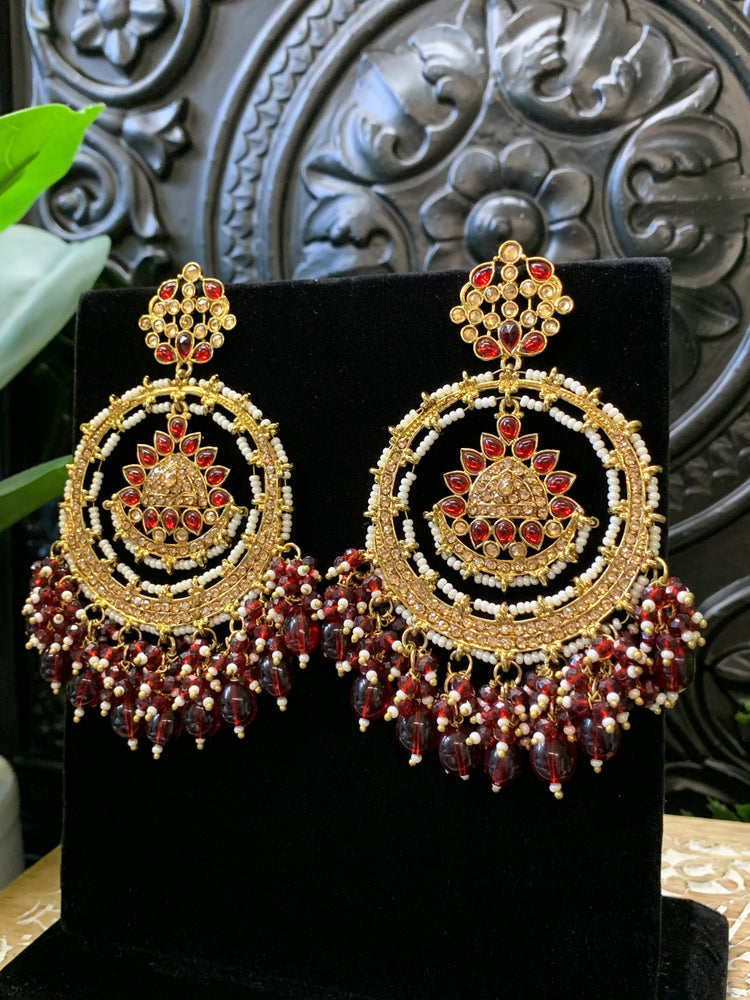 Laila Chandbali fashion statement earring gold base, maroon drops