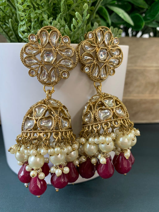 Dia kundan jhumki/ jhumka earring maroon / burgundy