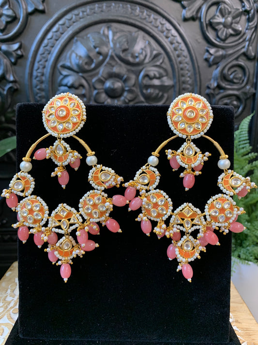 Sharaya Kundan statement earring coral orange