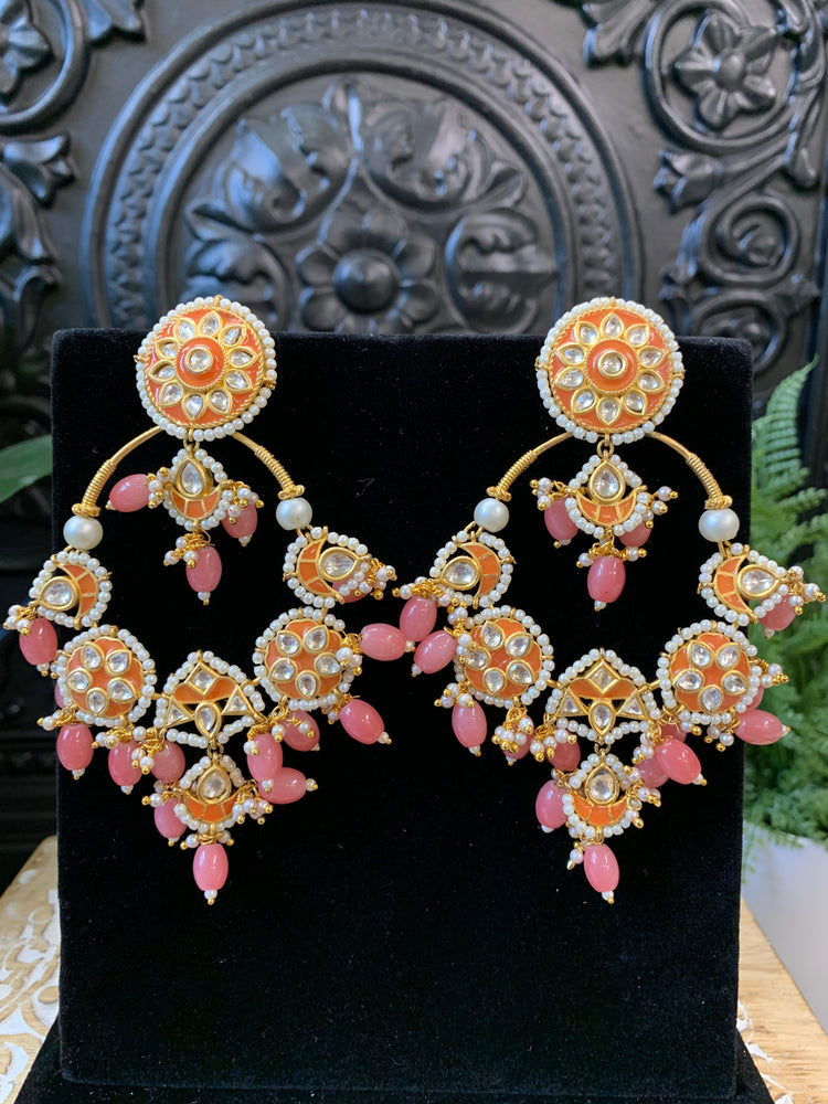 Sharaya Kundan statement earring coral orange