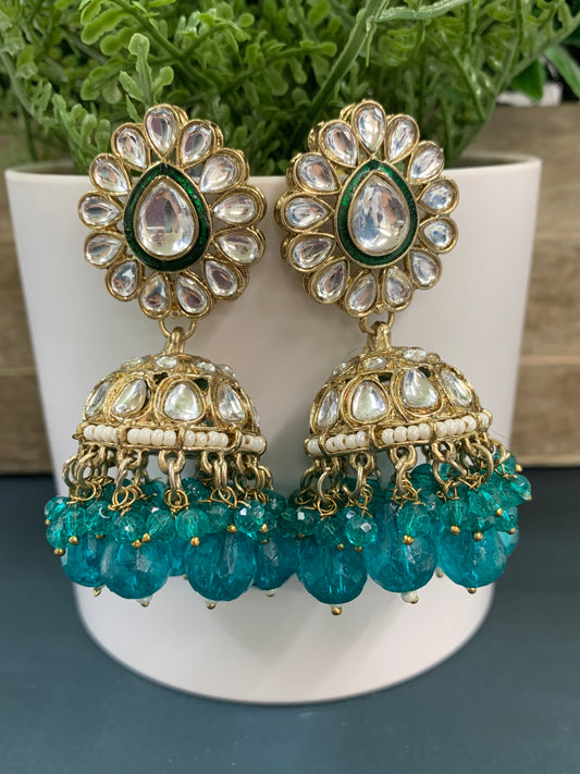 Saniya kundan jhumki/ jhumka earring teal green