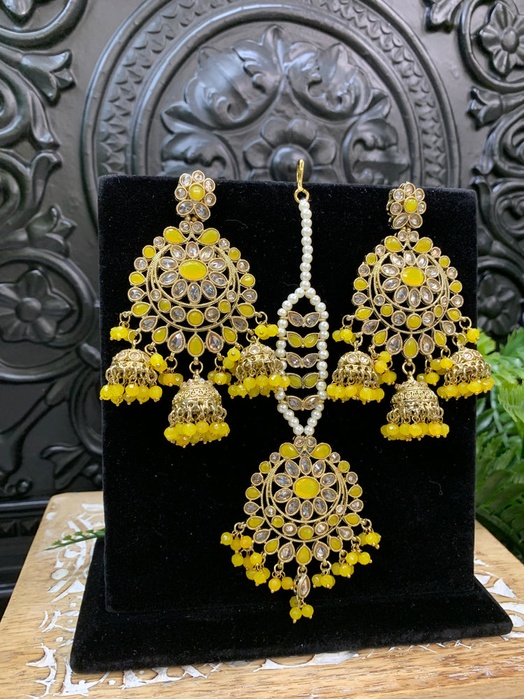 Kiana polki triple jhumki Chandbali style earring with matching tikka pastel yellow