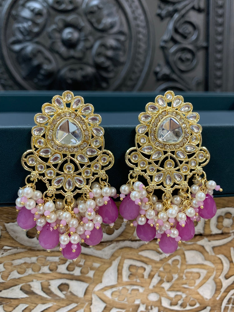 Joel gold kundan stud earring with white pearl and mauvish magenta crystal