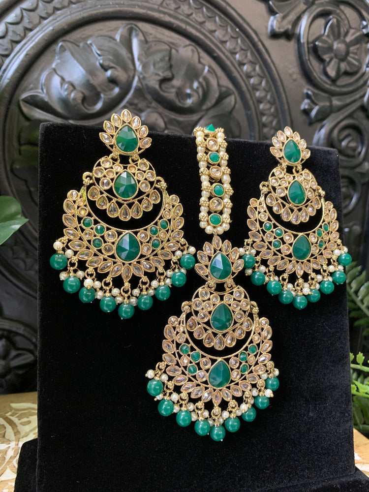 Marley reverse polki Chandbali earring tikka emerald green