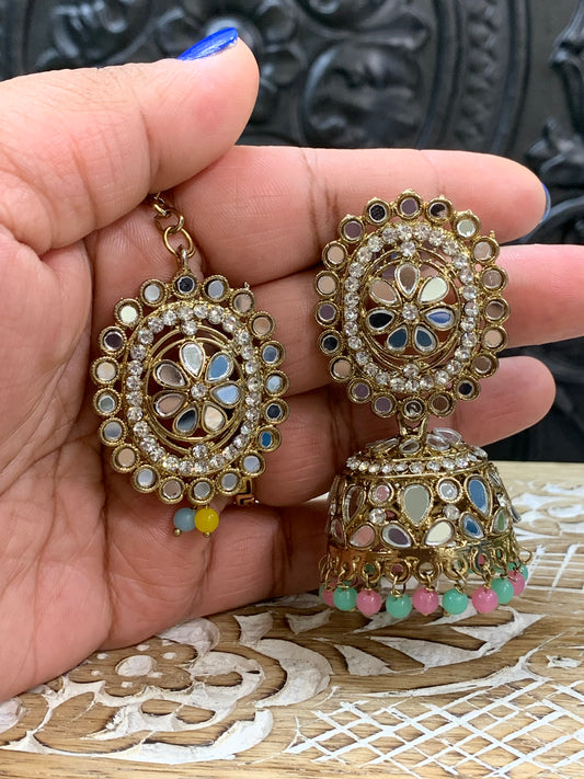 Kate mirror jhumki tikka antique gold pastel multi