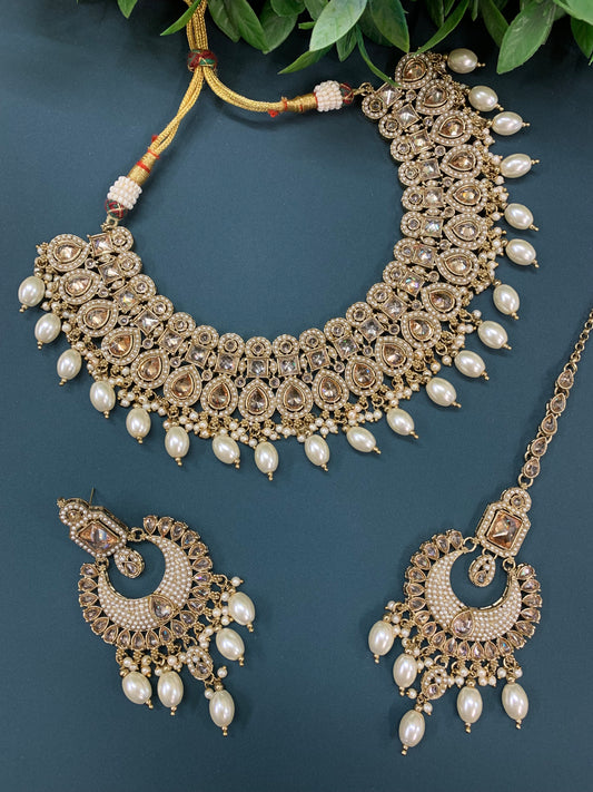 Reagan polki necklace set with matching Chandbali and tikka set gold/white/pearl