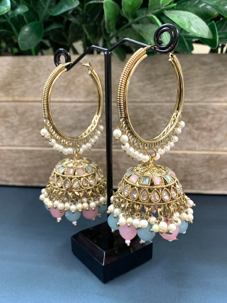 Shabana polki bali hoop jhumki/jhumka mint pink multi