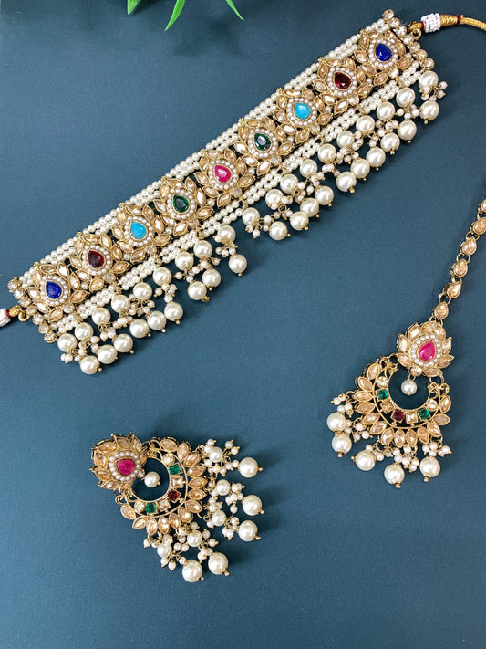 Mahera kundan choker set with matching chandbali and tikka multi