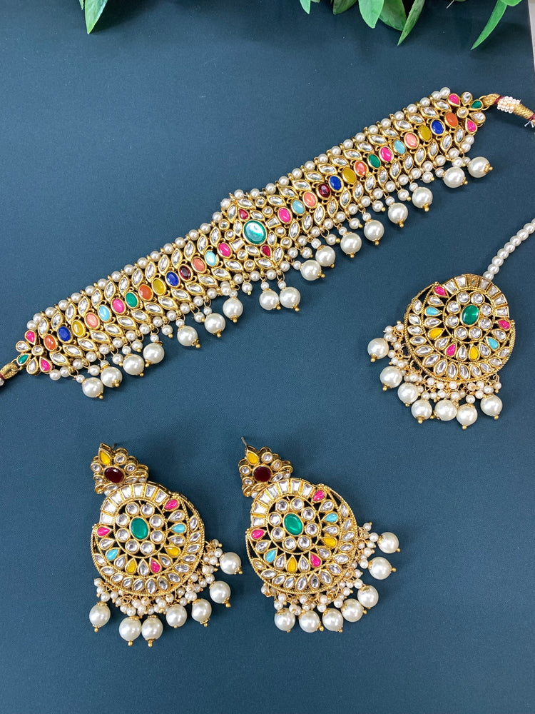 Tessa kundan choker set with matching chandbali and tikka multi