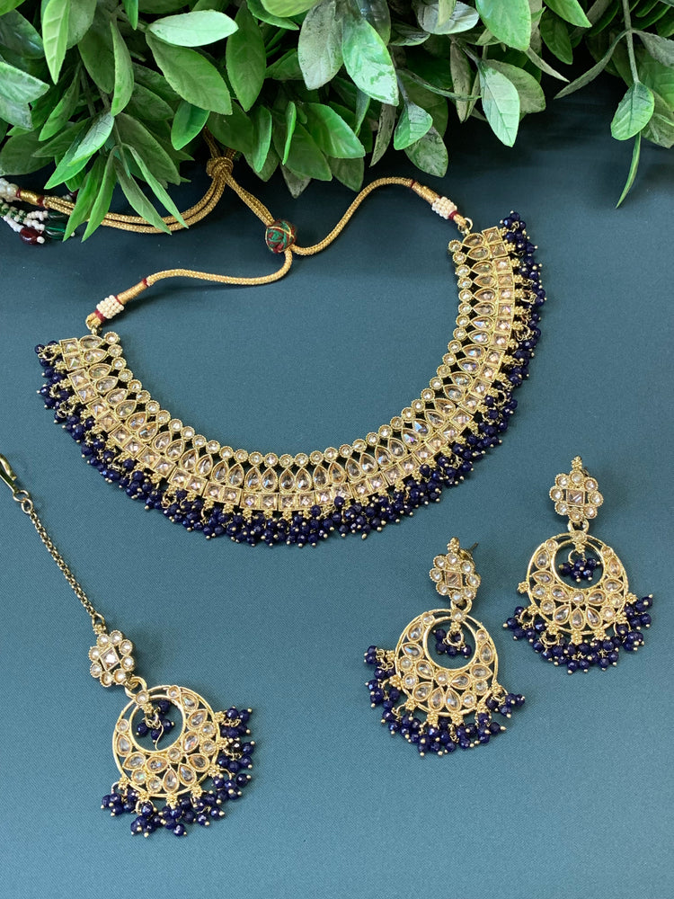 Rashmeet polki necklace with matching earring tikka dark blue