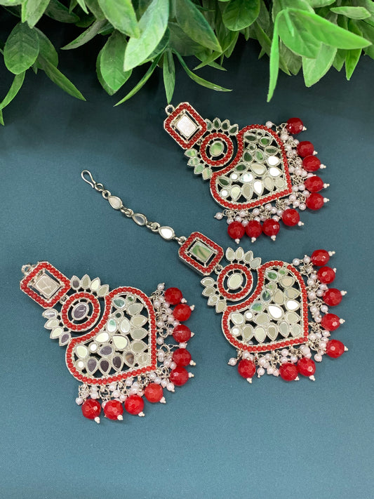 Amrita chandbali mirror earring tikka set red