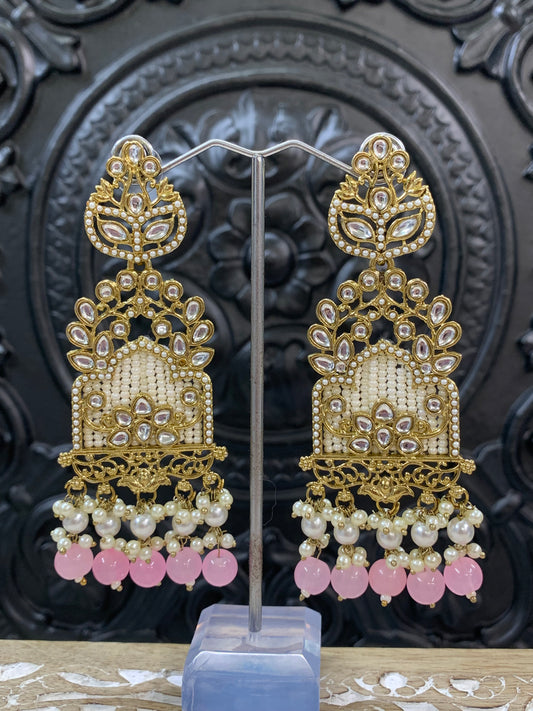 Alexa kundan statement earring white/gold/pearl/pastel pink