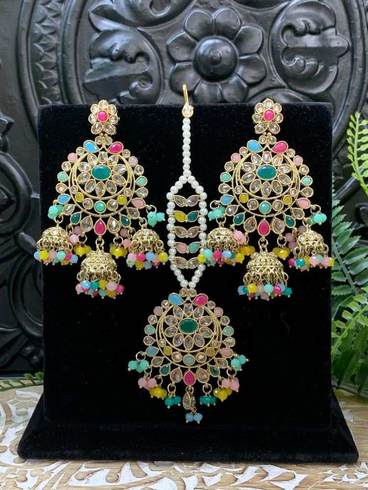 Kiana polki triple jhumki Chandbali style earring with matching tikka multi