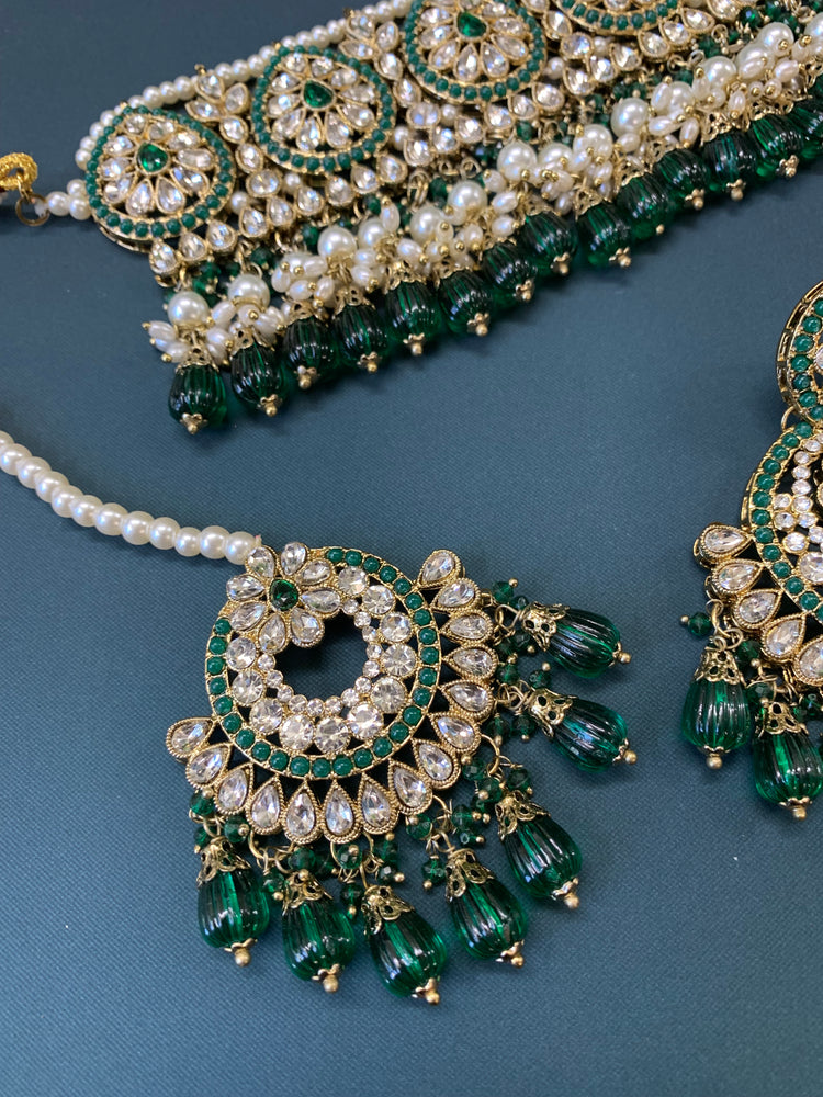 Razia choker necklace set with jhumar emerald green