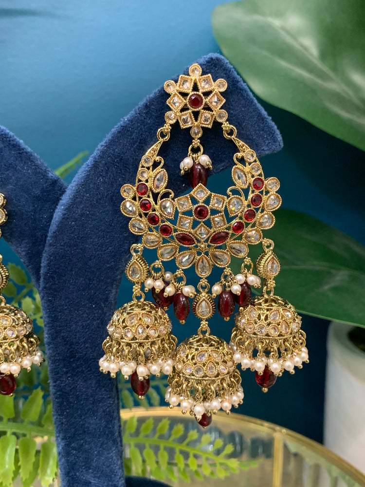 Naina polki triple jhumki earring in Maroon red/ burgundy