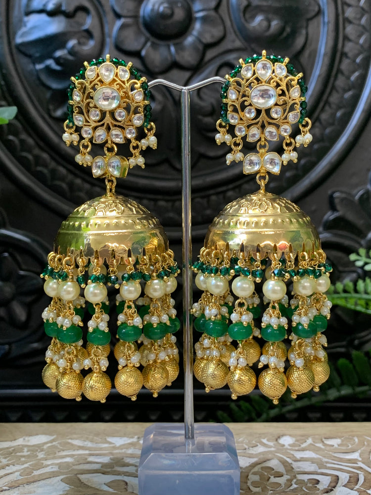 Natasha moissanite kundan jhumki earring emerald green