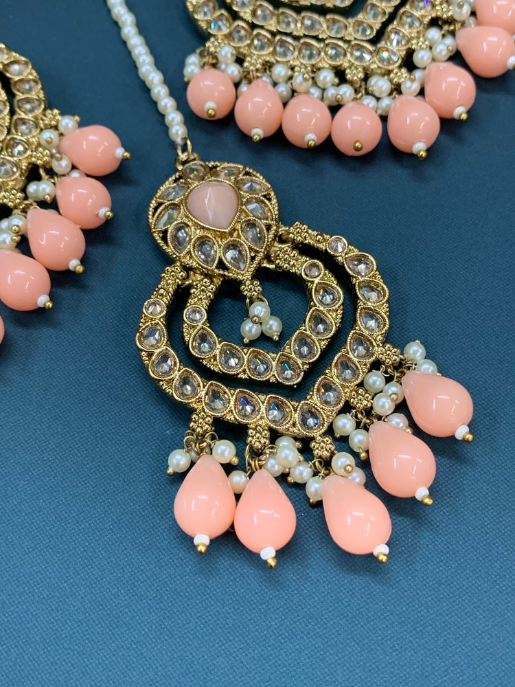 Tara polki Chandbali earring with matching tikka Thai tea coral