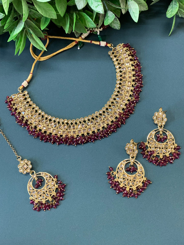 Rashmeet polki necklace with matching earring tikka antique gold wine red