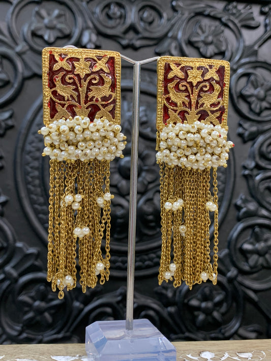 Arora Meena earring antique gold  maroon red