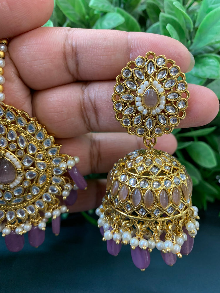 Priya gold plated kundan jhumki earring and tikka purple