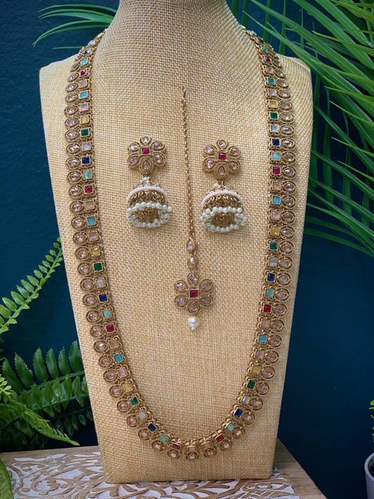 Sanchi polki long mala set in multi