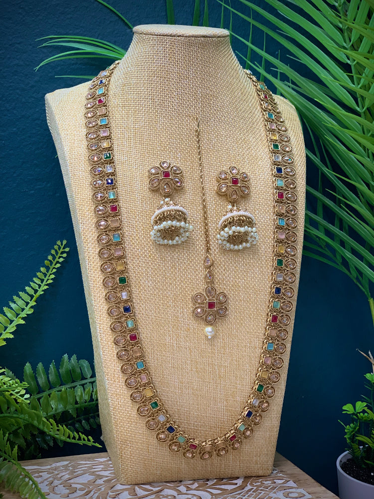 Sanchi polki long mala set in multi