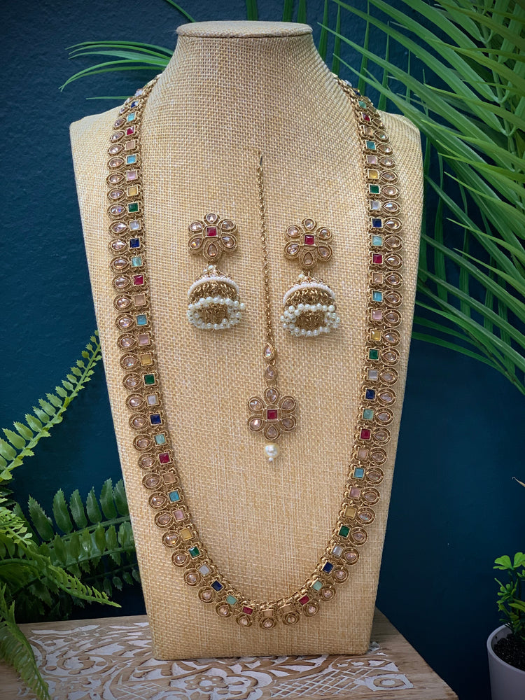 Sanchi polki long mala set in multi