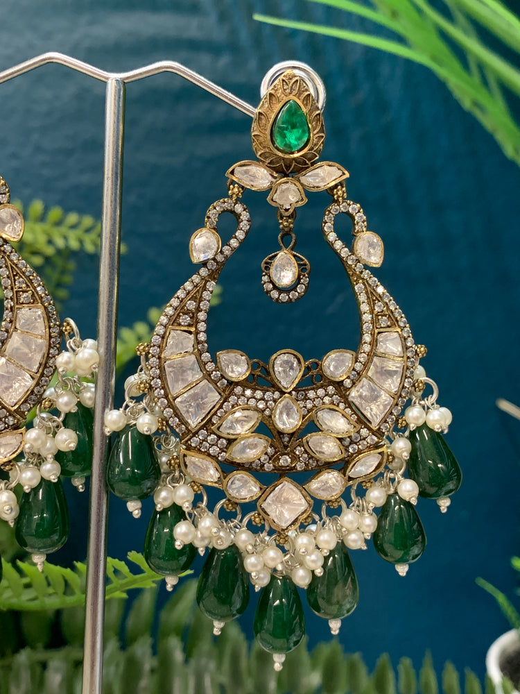 Gemma Mossanite kundan statement  jhumki earring with pota stone work