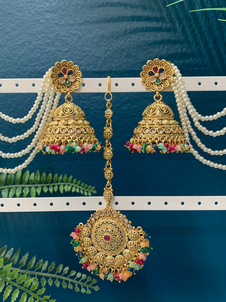 Bahubali style gold multi jhumki tikka with 5 layers of pearl Sahare Harini