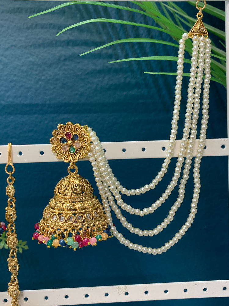 Bahubali style gold multi jhumki tikka with 5 layers of pearl Sahare Harini