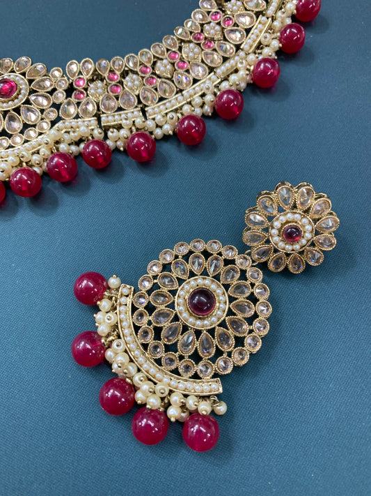 Boruna polki necklace with chandbali in cherry red