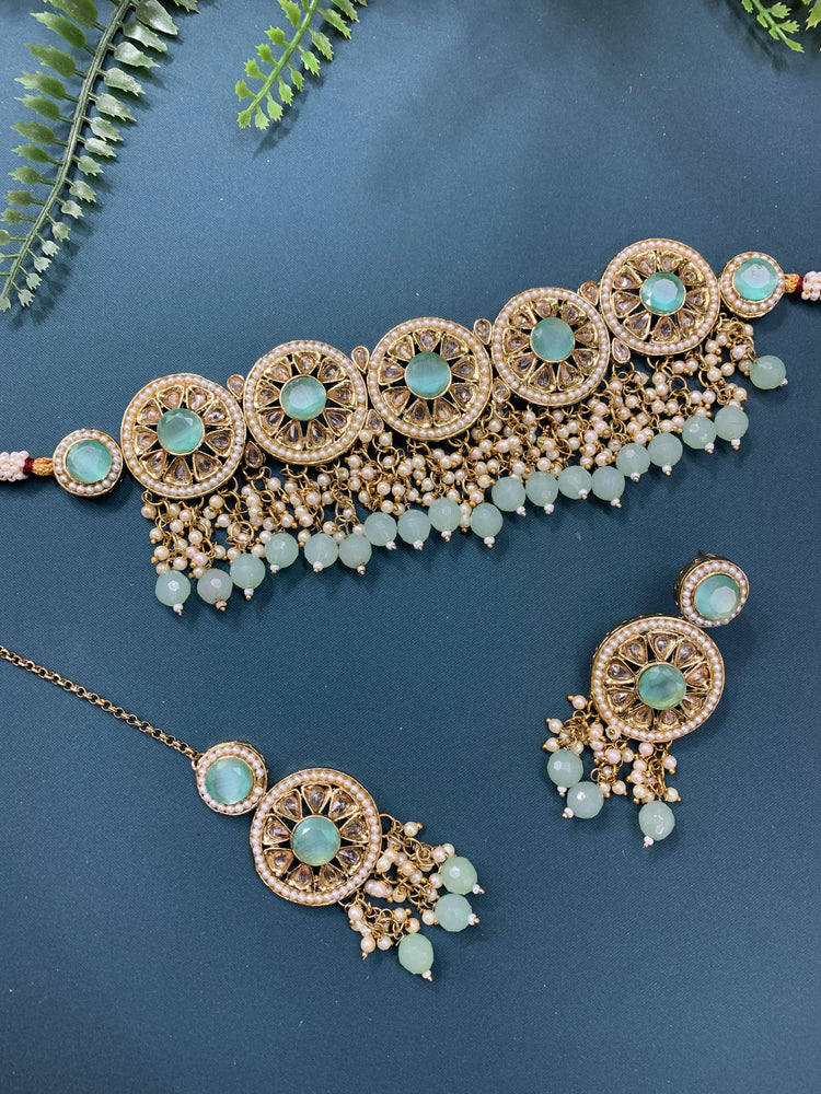 Ayesha polki choker in antique and mint green