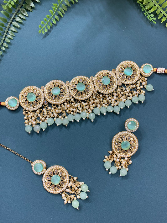 Ayesha polki choker in antique and mint green