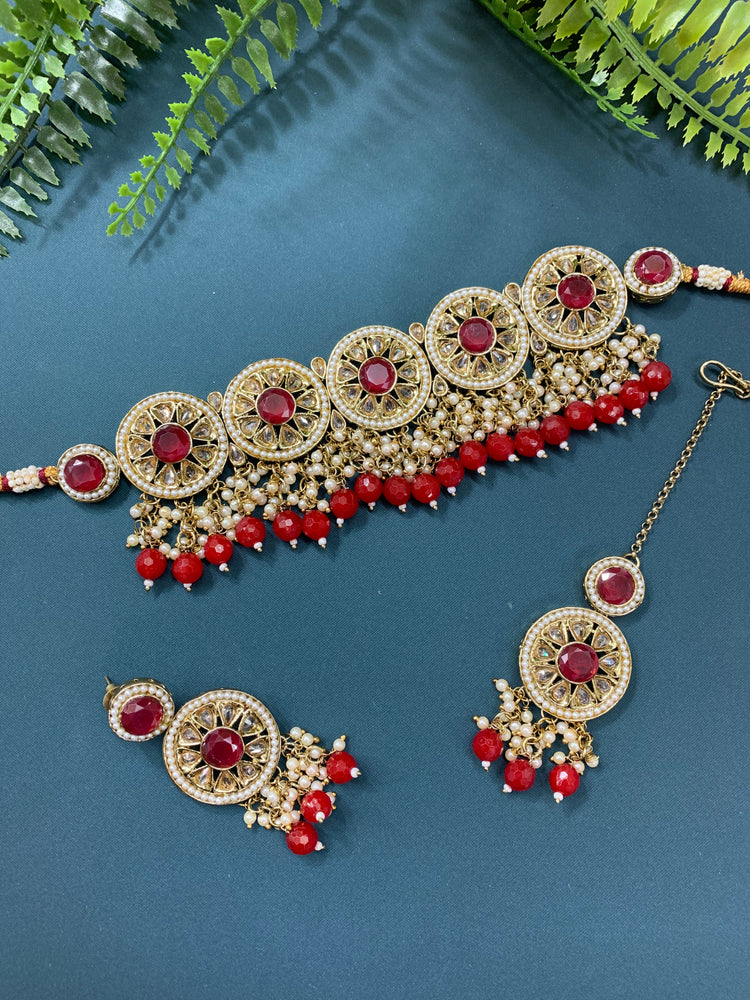 Ayesha polki choker in antique and red