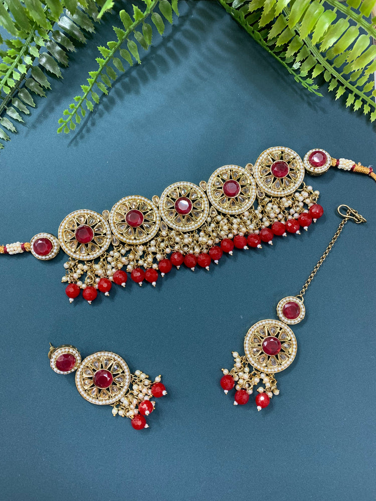 Ayesha polki choker in antique and red