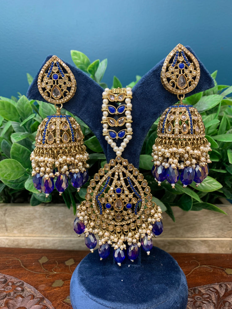 Savana Jhumka/ jhumki tikka set in antique / blue