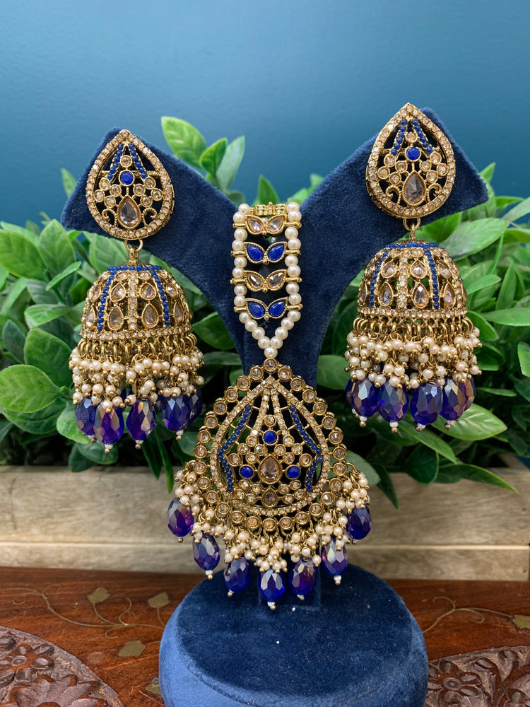 Savana Jhumka/ jhumki tikka set in antique / blue