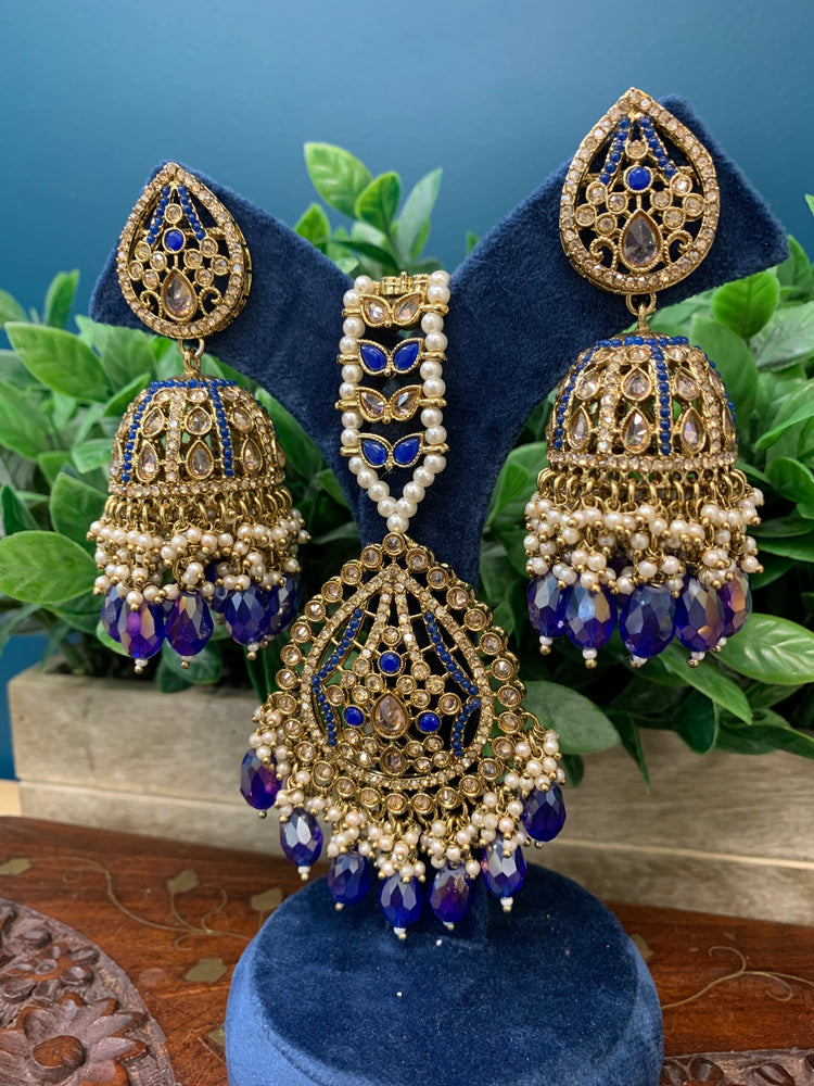 Savana Jhumka/ jhumki tikka set in antique / blue