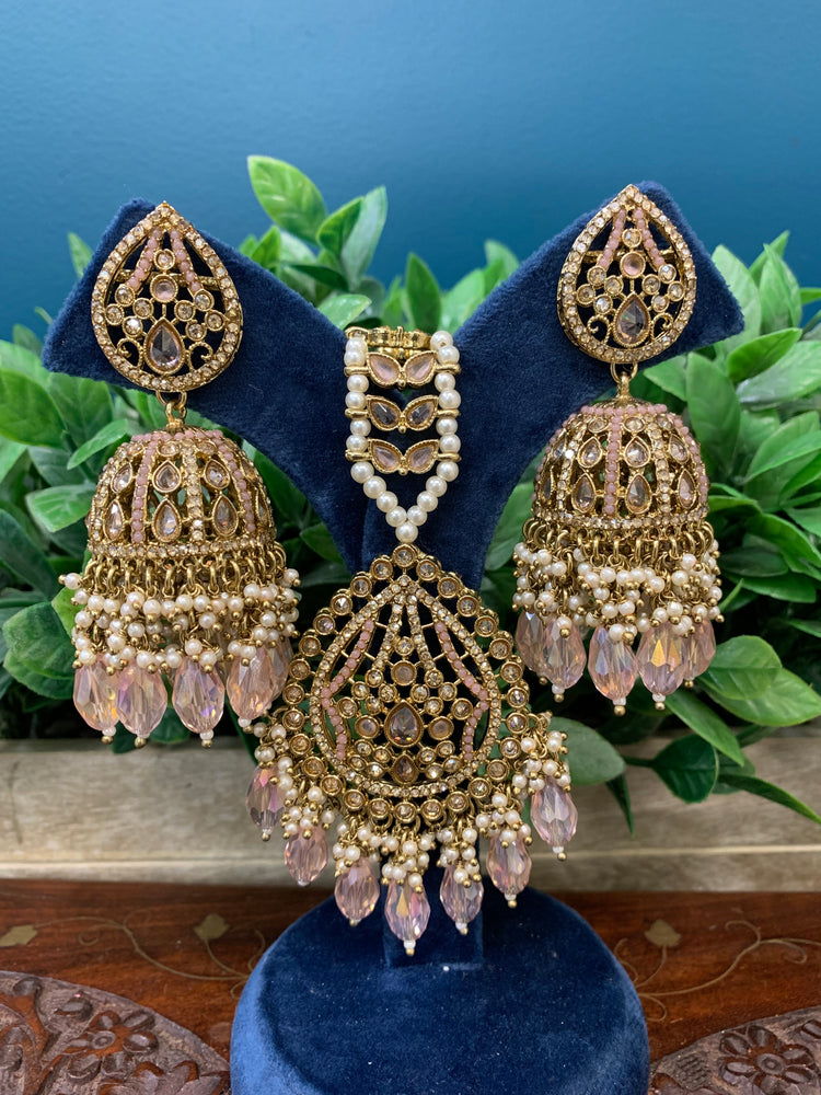 Savana Jhumka/ jhumki tikka set in antique /pink