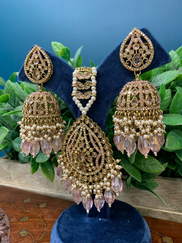 Savana Jhumka/ jhumki tikka set in antique /pink