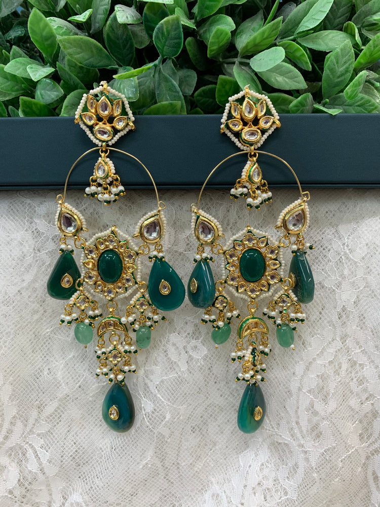 Phool Kundan chandbali earring emerald green