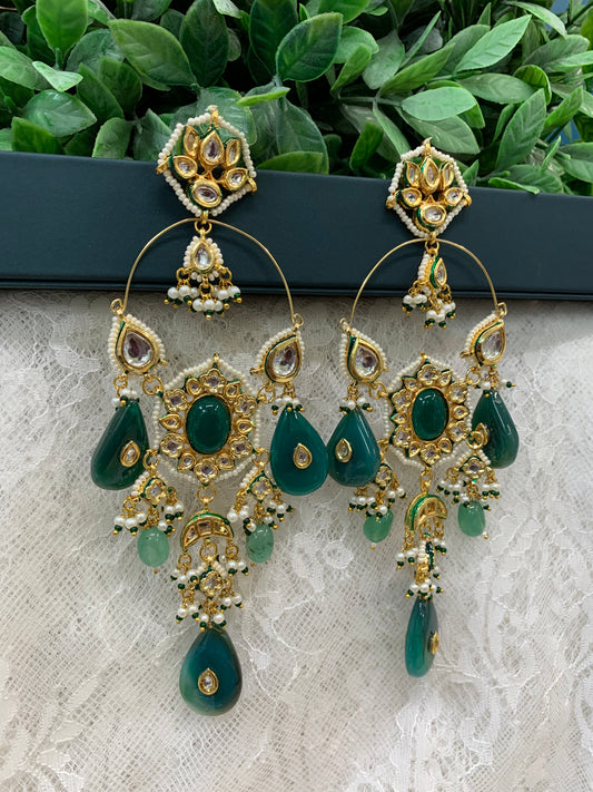 Phool Kundan chandbali earring emerald green